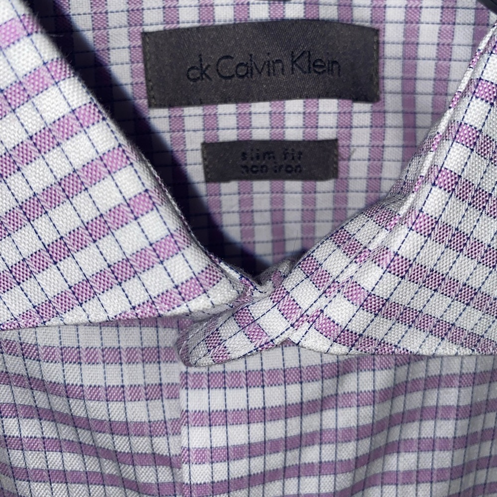 Ck Mens 15.5” Button Front Shirt Non-Iron Slim Fit Lavender White Check